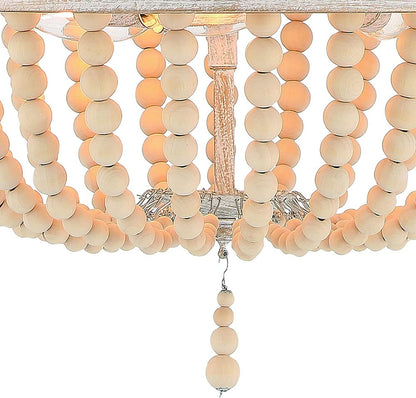 Natural And White Wood Bead Three Light Two Tier Chandelier