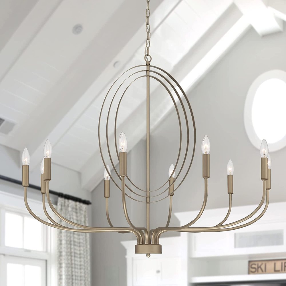 Brass Candle Style Ten Light Metal Dimmable Chandelier
