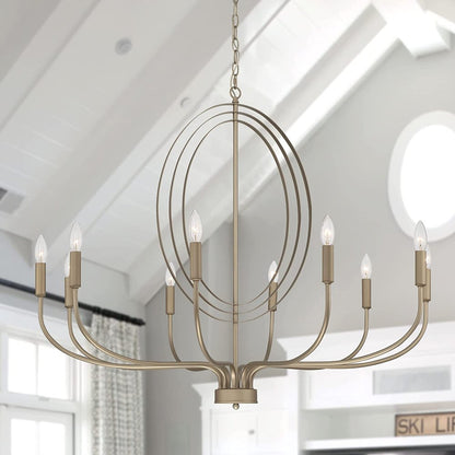 Brass Candle Style Ten Light Metal Dimmable Chandelier