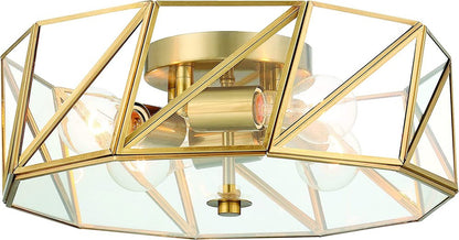 Brass Unique Statement Four Light Metal Dimmable Flush Chandelier With Clear Shades