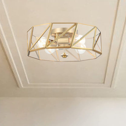 Brass Unique Statement Four Light Metal Dimmable Flush Chandelier With Clear Shades