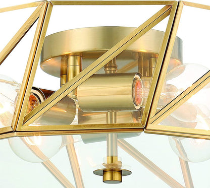 Brass Unique Statement Four Light Metal Dimmable Flush Chandelier With Clear Shades
