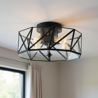 Black Unique Statement Four Light Metal Dimmable Flush Chandelier With Clear Shades