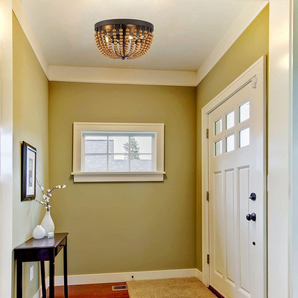 Brown And Black Wood Bead Three Light Flush Mount Ceiling Light