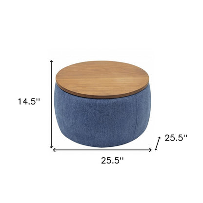 26" Blue and Brown Fabric And Wood Reversible Tray Top Round Storage Ottoman