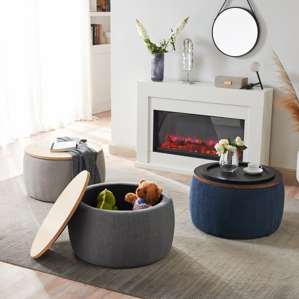 26" Blue and Brown Fabric And Wood Reversible Tray Top Round Storage Ottoman