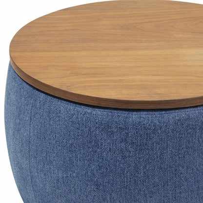 26" Blue and Brown Fabric And Wood Reversible Tray Top Round Storage Ottoman