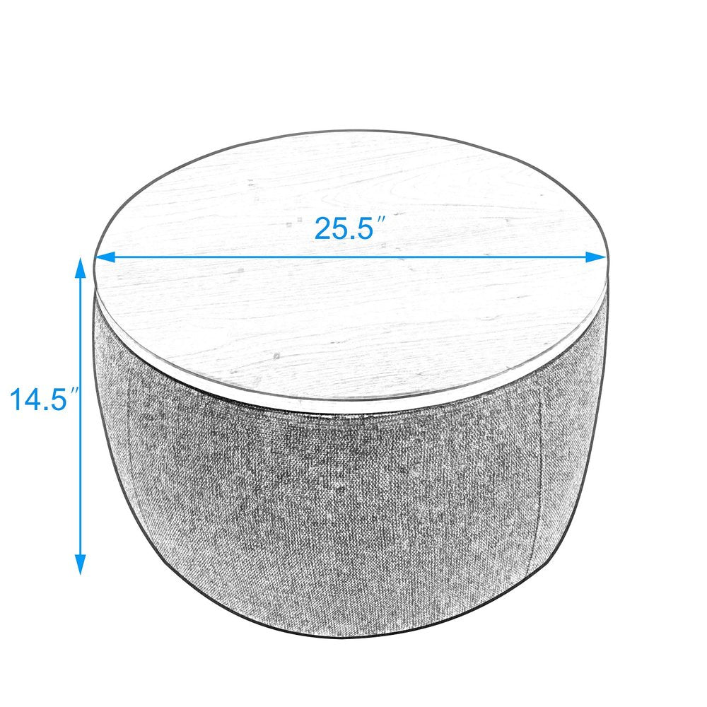 26" Gray and Natural Fabric And Wood Reversible Tray Top Round Storage Ottoman