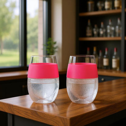 Set of Two Clear And Coral Tritan Plastic Convex Curve Shape Stemless All Purpose Wine Glass