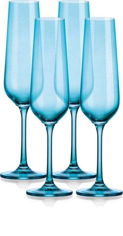 Set of Four Blue Lead Free Crystal Stemmed Flute
