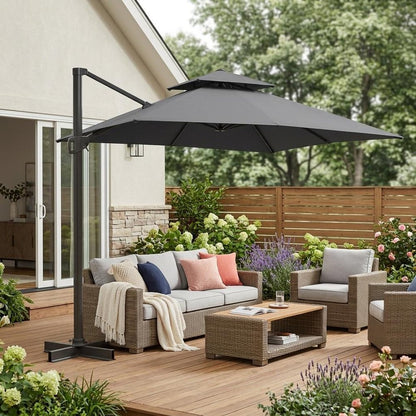 113" Dark Gray Polyester Rectangular Tilt Cantilever Patio Umbrella With Stand