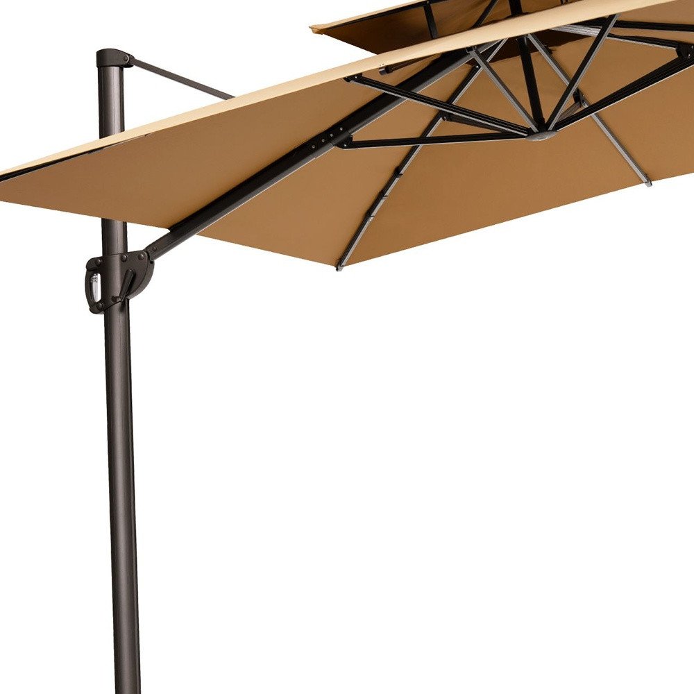 15" Tan Polyester Round Tilt Cantilever Patio Umbrella with Stand