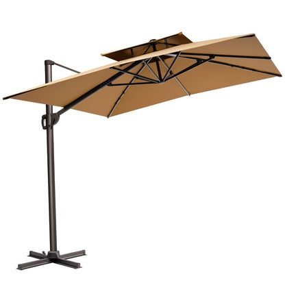 15" Tan Polyester Round Tilt Cantilever Patio Umbrella with Stand