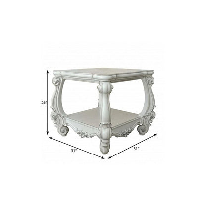 26" Antiqued White Manufactured Wood Square Scroll End Table With Shelf