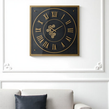 35" Black And Gold Glass And Metal Exposed Gear Square Wall Clock
