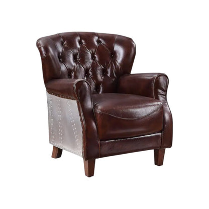 30" Brown and Steel Blue Top Grain Leather Tufted Club Chair