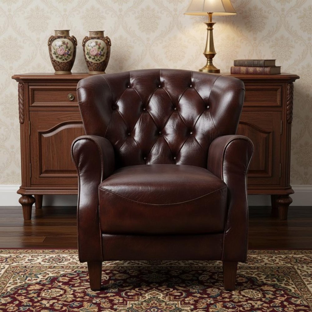 30" Brown and Steel Blue Top Grain Leather Tufted Club Chair