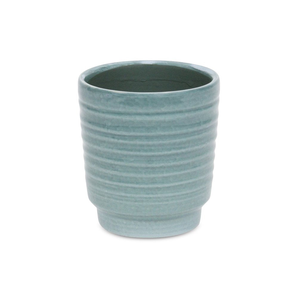 Celadon Ceramic 35 Ounce Striped Round Distressed Pot Planter