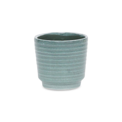 Green Ceramic 23 Ounce Striped Round Distressed Pot Planter