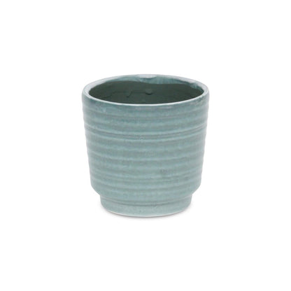 Green Ceramic 23 Ounce Striped Round Distressed Pot Planter