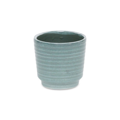 Green Ceramic 23 Ounce Striped Round Distressed Pot Planter