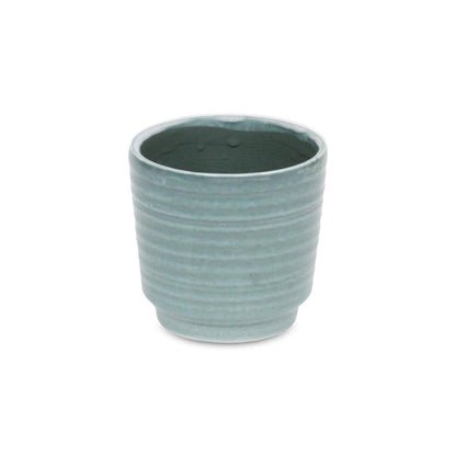 Green Ceramic 23 Ounce Striped Round Distressed Pot Planter
