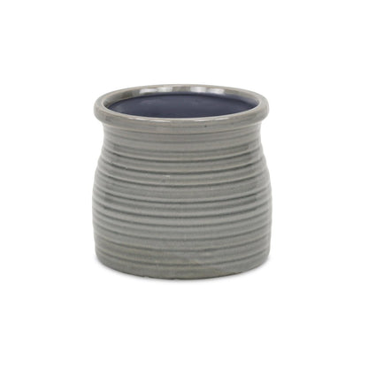 Gray Ceramic 51 Ounce Striped Round Distressed Pot Planter