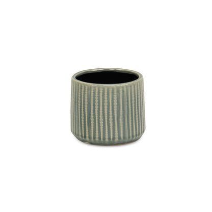 Green Ceramic 25 Ounce Striped Round Distressed Pot Planter