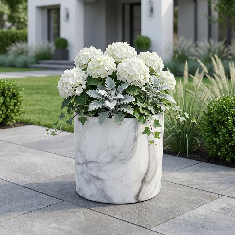 6" White and Gray Marbleized Ceramic Indoor Outdoor Round Pot Planter