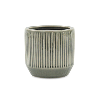 Gray Ceramic 17 Ounce Striped Round Distressed Pot Planter