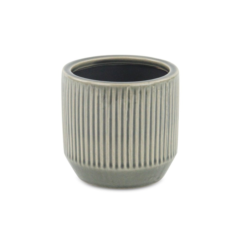 Gray Ceramic 17 Ounce Striped Round Distressed Pot Planter