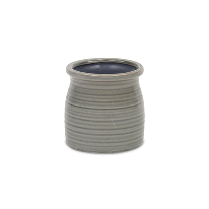 Gray Ceramic 15 Ounce Striped Round Distressed Pot Planter
