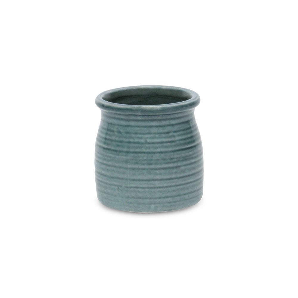 Green Ceramic 12 Ounce Striped Round Distressed Pot Planter
