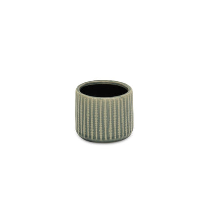 Beige And Green Ceramic 12 Ounce Striped Round Distressed Pot Planter
