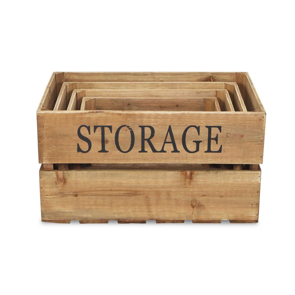 Set of Four Brown Nesting Solid Wood Crate