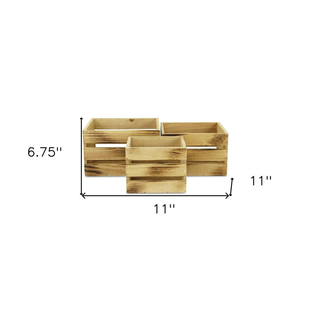Set of Three Brown Nesting Solid Wood Crate