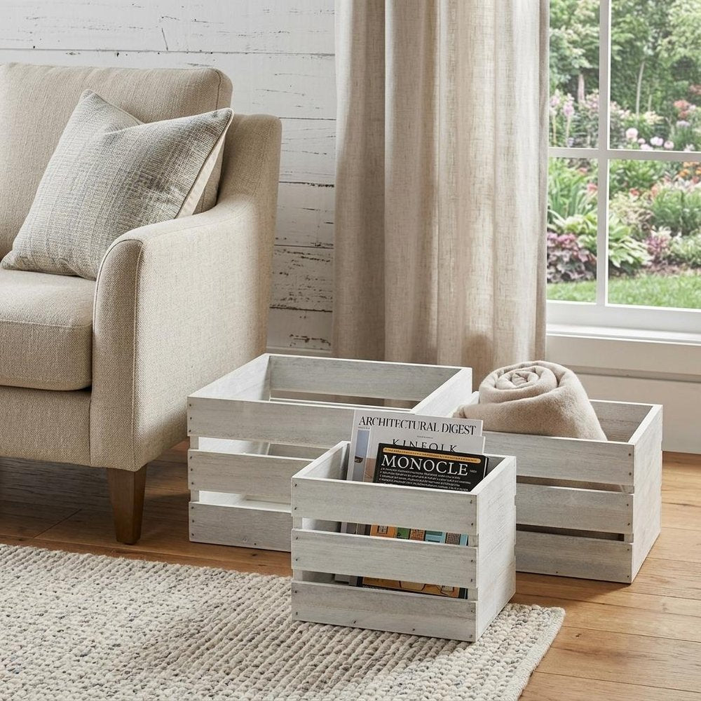 Set of Three Light Gray Nesting Solid Wood Crate
