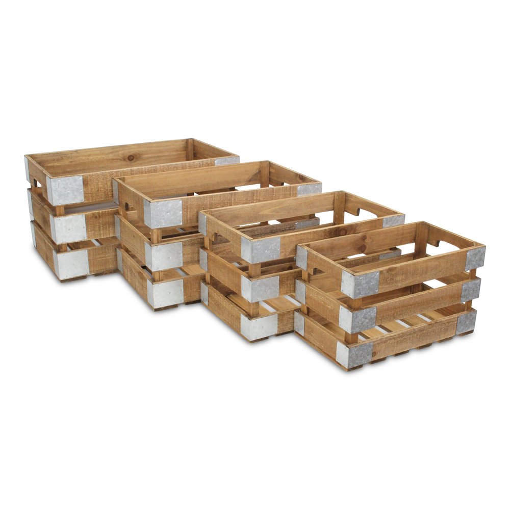 Set of Four Natural Nesting Solid Wood And Metal Crate