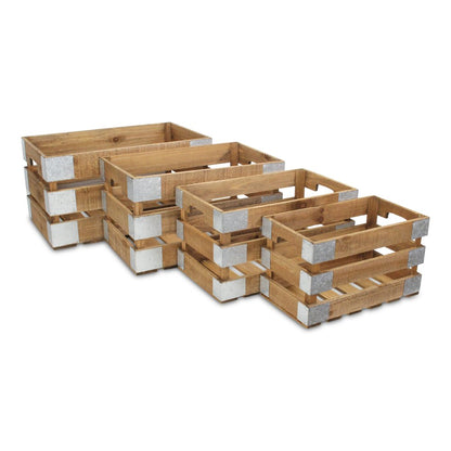 Set of Four Natural Nesting Solid Wood And Metal Crate