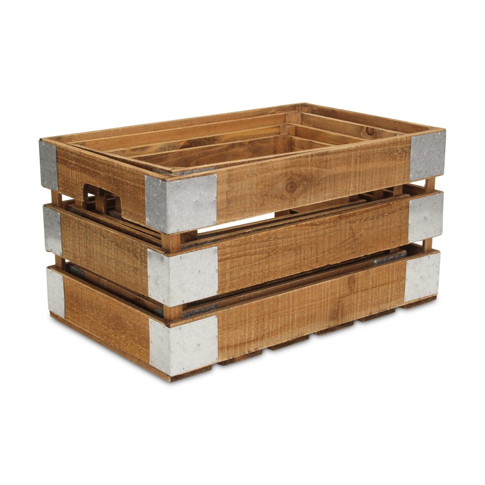 Set of Four Natural Nesting Solid Wood And Metal Crate