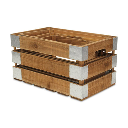 Set of Four Natural Nesting Solid Wood And Metal Crate