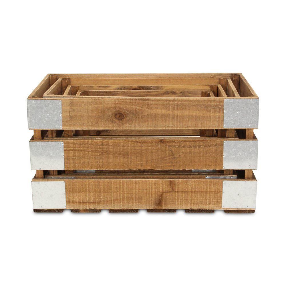 Set of Four Natural Nesting Solid Wood And Metal Crate