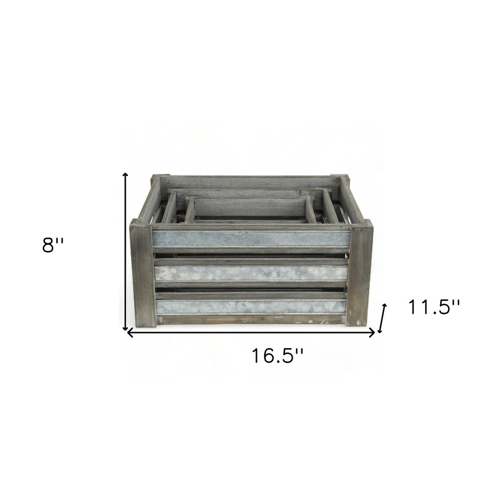 Set of Three Gray Nesting Solid Wood And Metal Crate