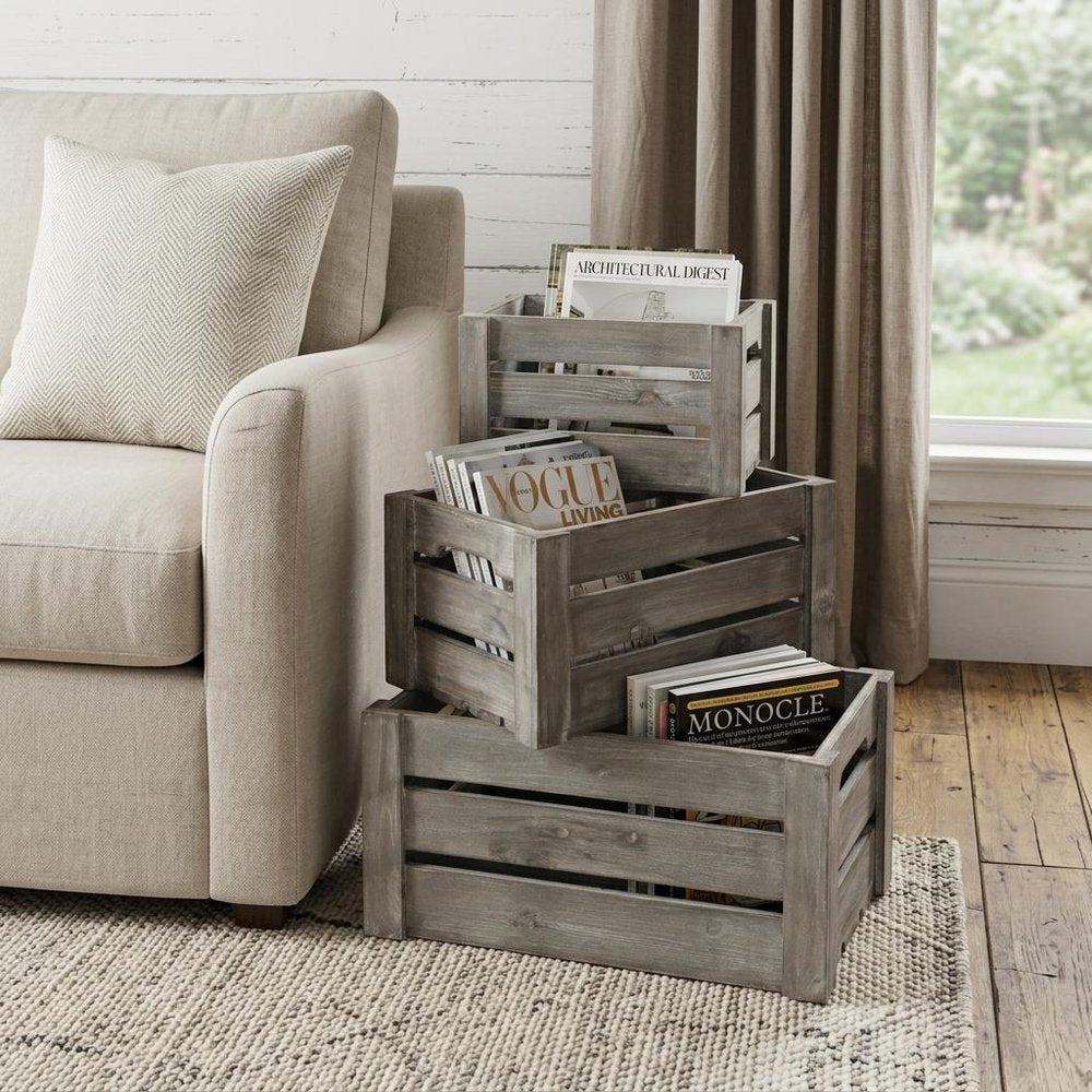 Set of Three Gray Nesting Solid Wood And Metal Crate