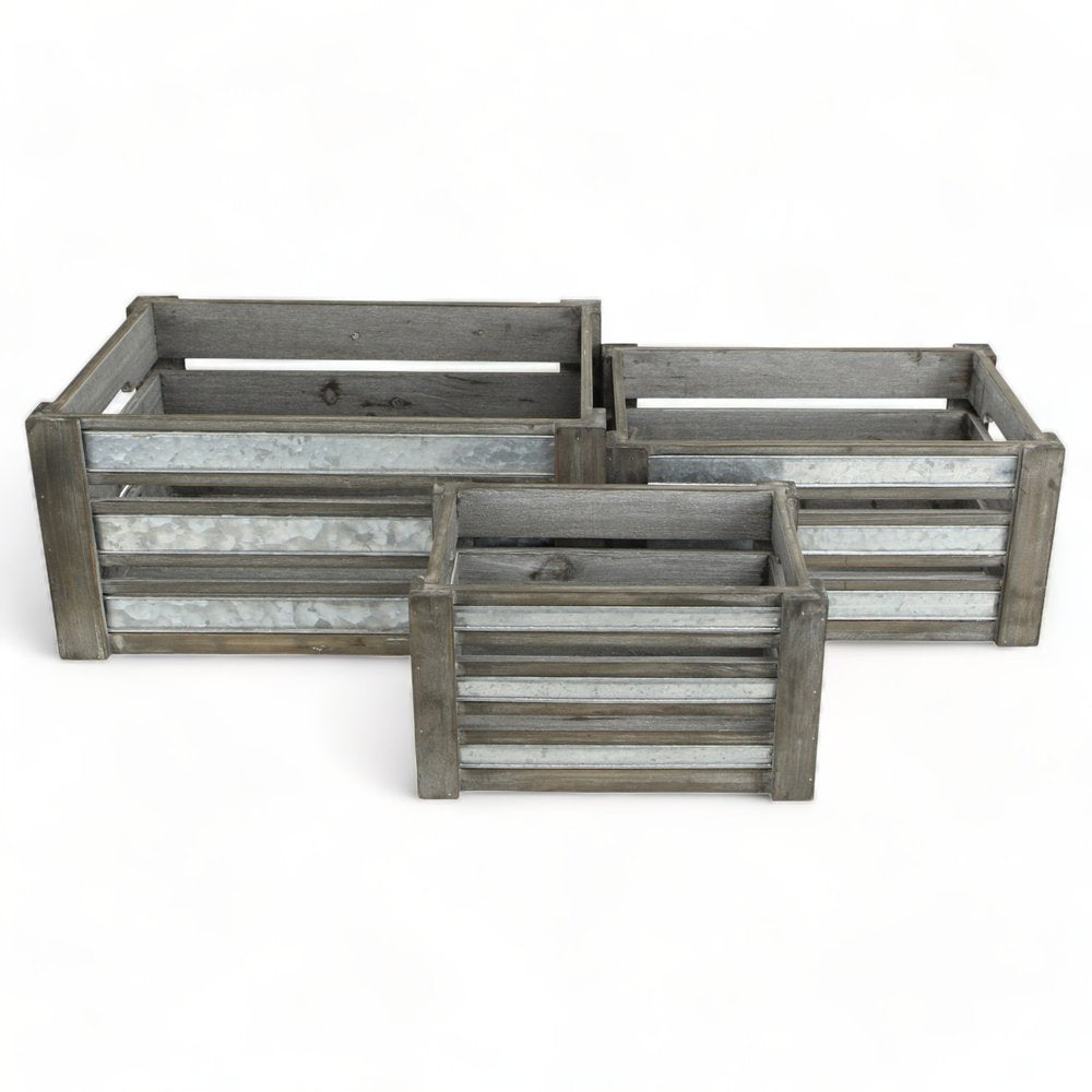 Set of Three Gray Nesting Solid Wood And Metal Crate