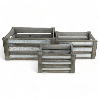 Set of Three Gray Nesting Solid Wood And Metal Crate