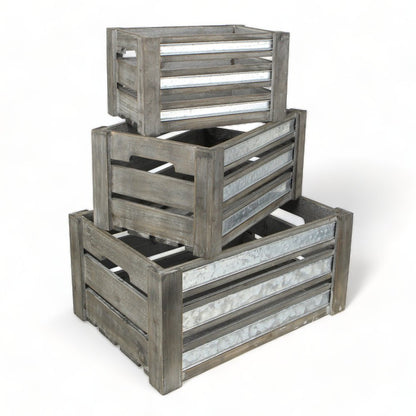Set of Three Gray Nesting Solid Wood And Metal Crate