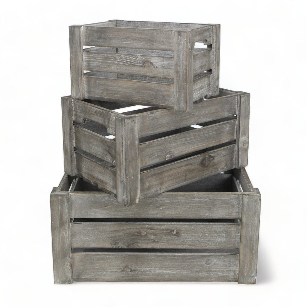 Set of Three Gray Nesting Solid Wood And Metal Crate