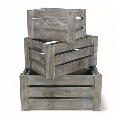 Set of Three Gray Nesting Solid Wood And Metal Crate