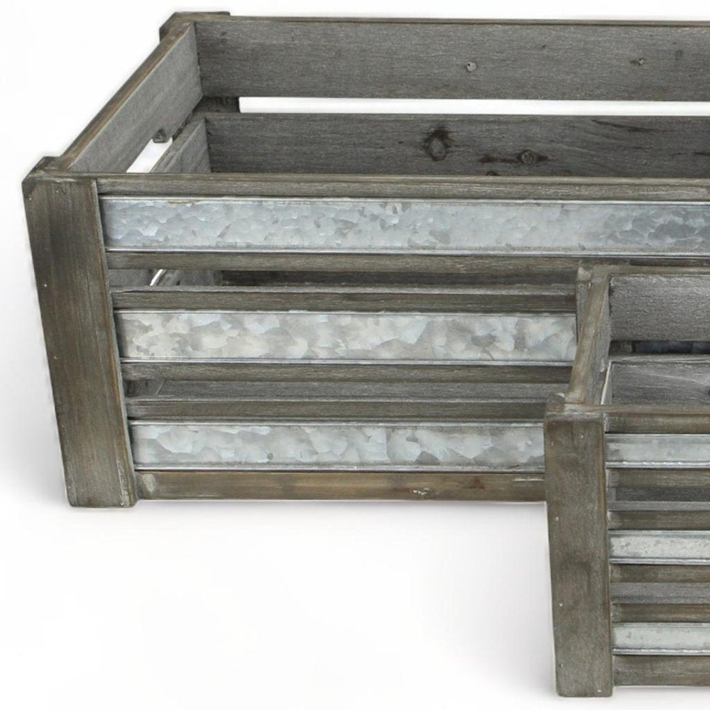 Set of Three Gray Nesting Solid Wood And Metal Crate